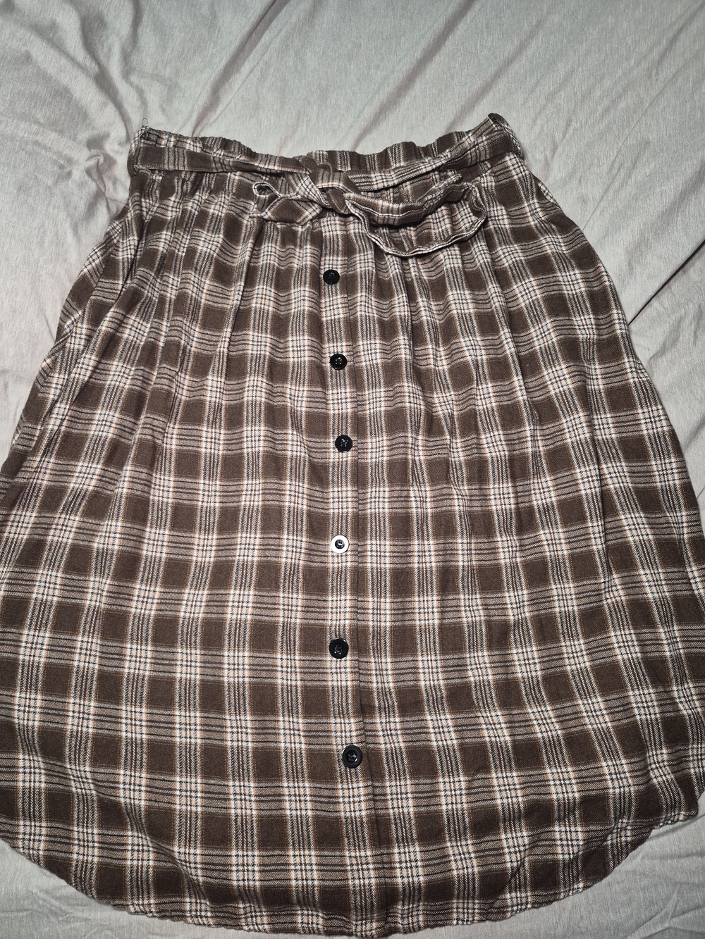Brown and Cream Plaid Button-Front Skirt